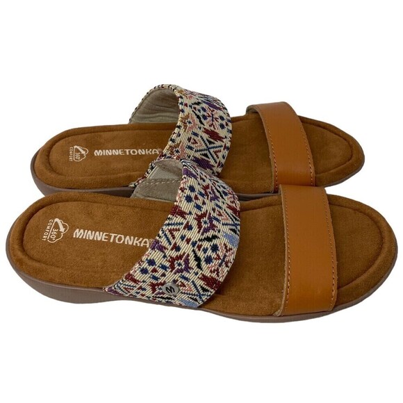 Minnetonka Sabina Women's Size 8 M Slide Sandals Shoes Tan Multicolor - Picture 2 of 11